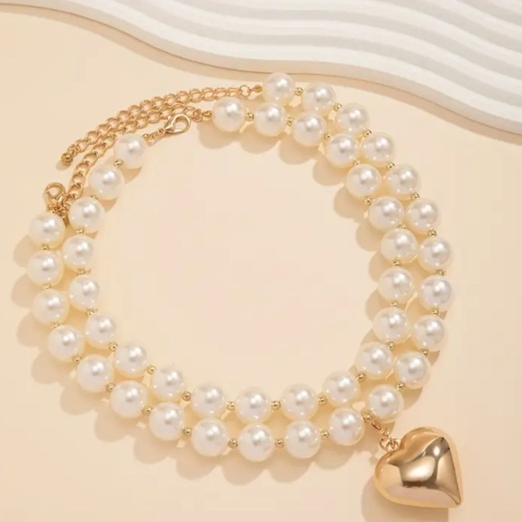 220. 2 Pieces/Set Exquisite Heart-Shaped Pendant Necklace - Faux Pearl Strands - Picture 3 of 4